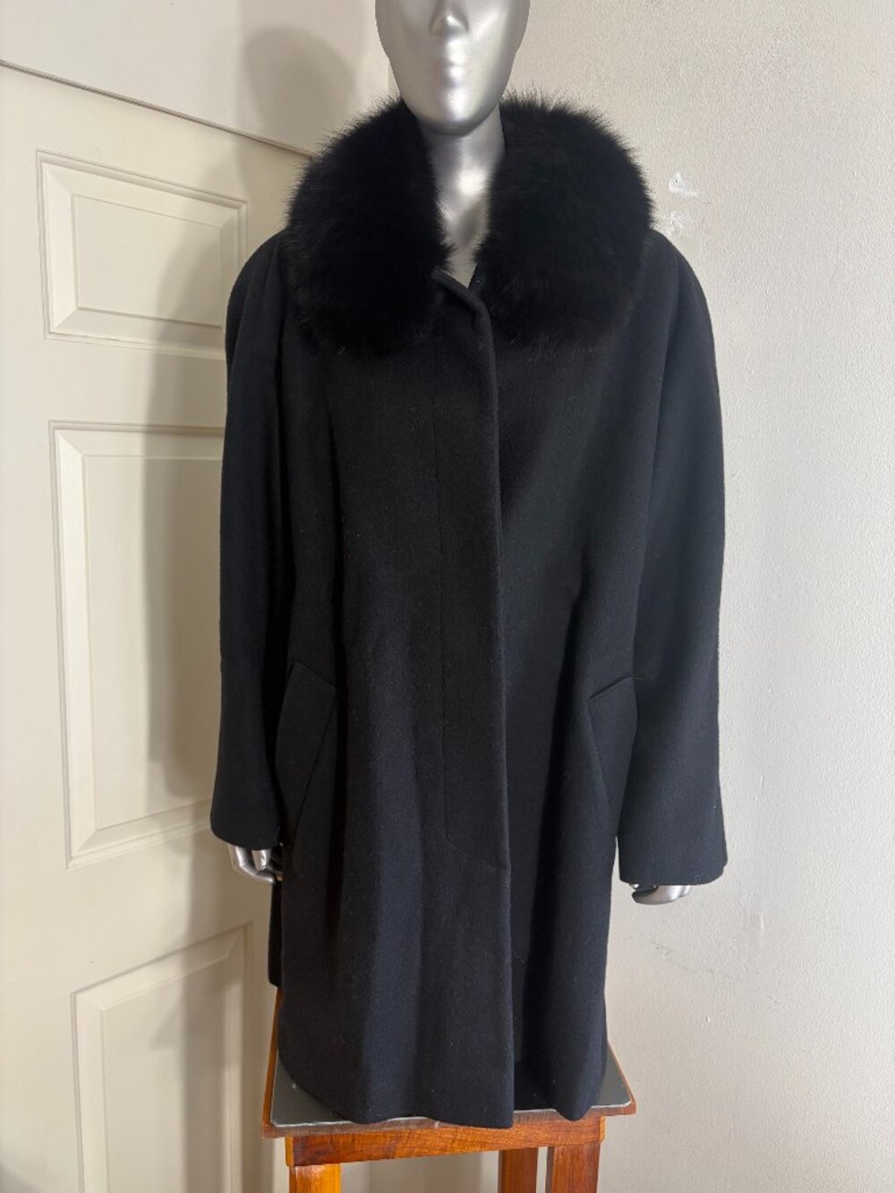 Vintage Forecaster Wool Coat Fox Fur Collar Black Union Made Mob Wife size 16
